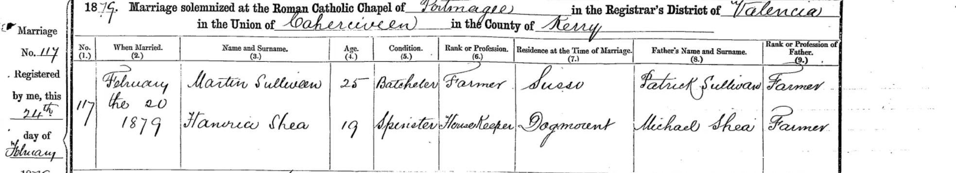 Marriage register entry: Martin Sullivan and Hanoria Shea, February 20, 1879, Caherciveen, County Kerry