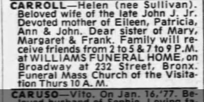 Obituary notice for Helen Carroll, née Sullivan, Bronx, New York